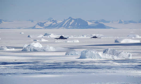 南極大陸の山並みと氷山
