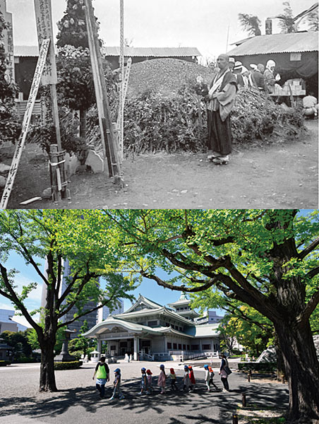 上：被服廠跡の遺骨の山